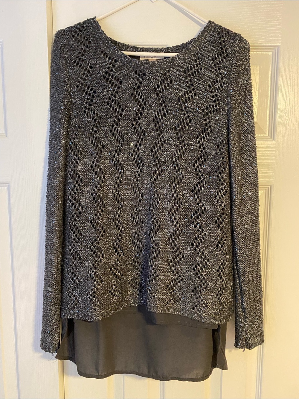 Roz & Ali Charcoal Gray Knit Layered Scoop Neck Sweater